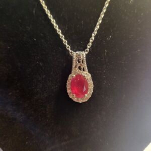 Ruby and White Zircon Halo Sterling Silver Pendant Necklace